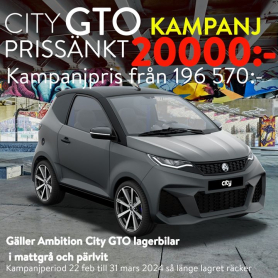 Superdeal på Aixam Ambition City GTO. Köp GTO nu fram till 31 mars och spara 20 000 mot ordinarie pris. Först till kvarn, begränsat antal, kampanjen gäller GTO från Aixam Swedens lager.